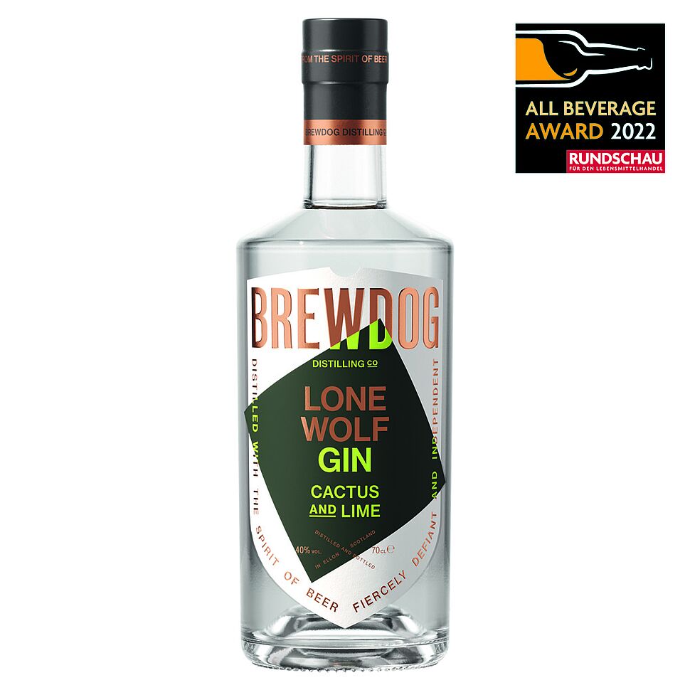 Kirsch Import, Lone Wolf Cactus & Lime Gin - Brew Dog: Erfrischender Gin aus Schottland mit 40 Vol.-%. Destilliert mit schottischen Kiefern-nadeln, Kaffirlimettenblättern, Kaktusblüten und Kaktussaft.