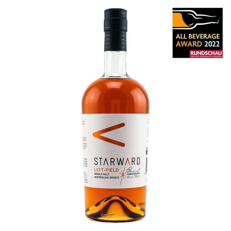 Starward Left-Field: Drei- bis vierjähriger australischer Single Malt Whisky, hergestellt aus lokalen Ressourcen, zu 100 % in Rotweinfässern gereift und abgefüllt mit 40 Vol.-%.