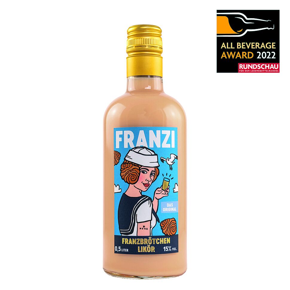 Kirsch Import, Franzi Franzbrötchenlikör: Creme-Likör auf Sahnebasis mit 15 Vol.-%. Zimt, karamellisierter Zucker, Butter, Teigaromen und Vanille liefern den typischen Geschmack.