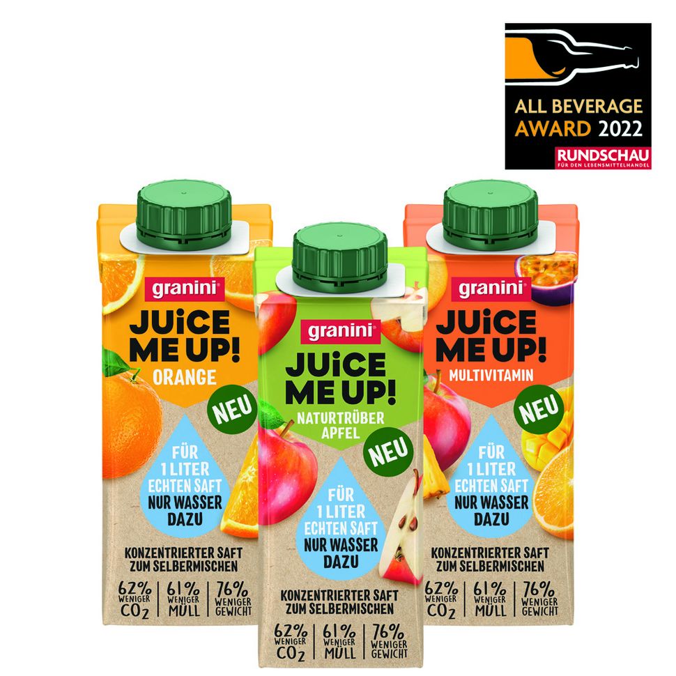 Eckes Granini, Granici Juice Me Up!: Konzentrierter Fruchtsaft zum Selbermischen in der handlichen 200-ml-Kleinpackung. Erhältlich in den Sorten Orange, Multivitamin und Apfel naturtrüb.
