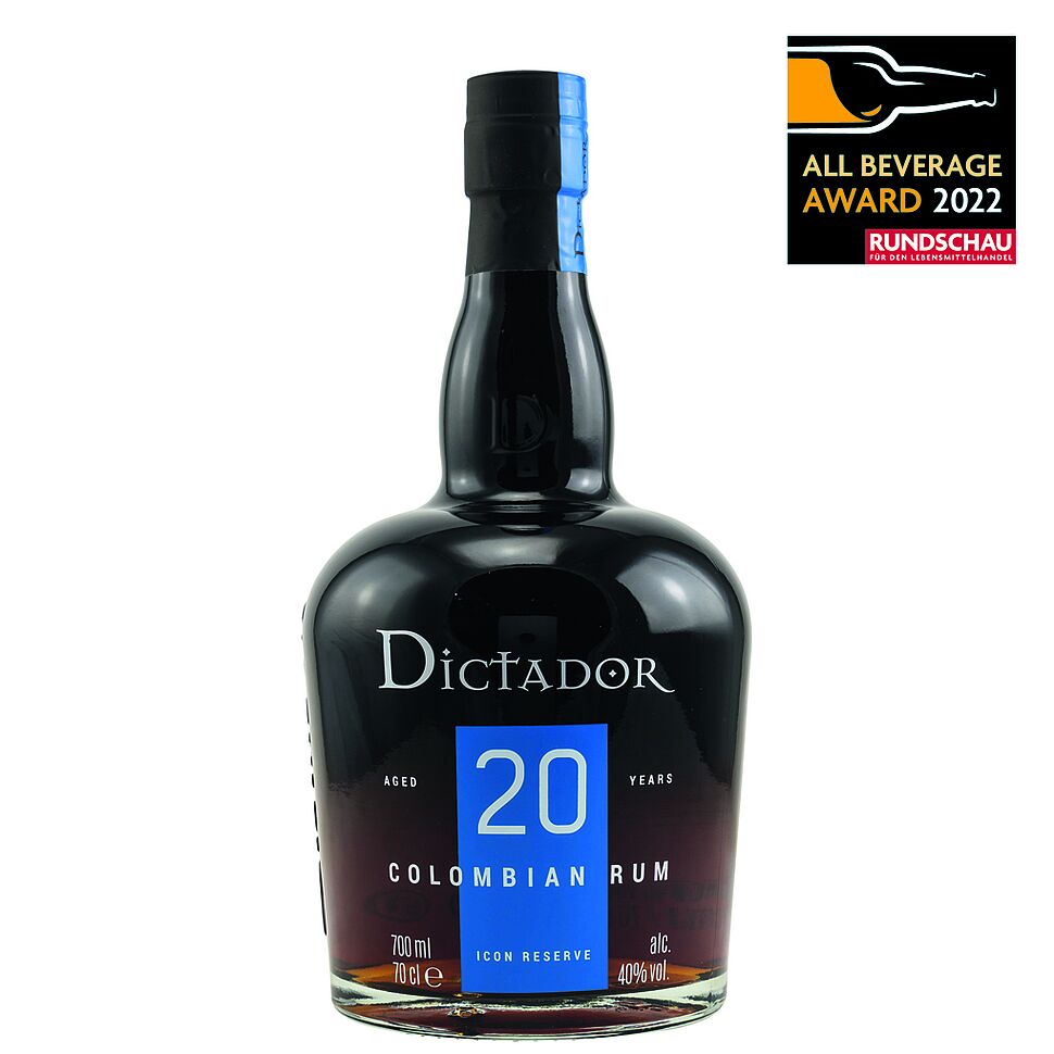 Kirsch Import, Dictador 20 y. o. Icon Reserve: Ein 20 Jahre in Kolumbien im dynamischen Solera-Verfahren gereifter Rum aus Zuckerrohrsaft mit kräftigen Kaffee- und Toffeenoten und 40 Vol.-%