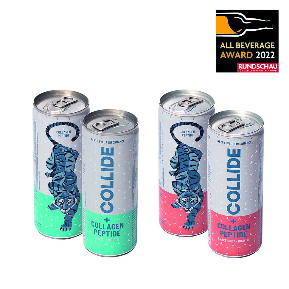 Collide beverages & more, Collide: Prickelnder Performance-Drink der nächsten Generation. Wichtigste Zutat ist Kollagen, alle Sorten sind zuckerfrei, reich an Protein und haben nur 11 kcal/100 ml.