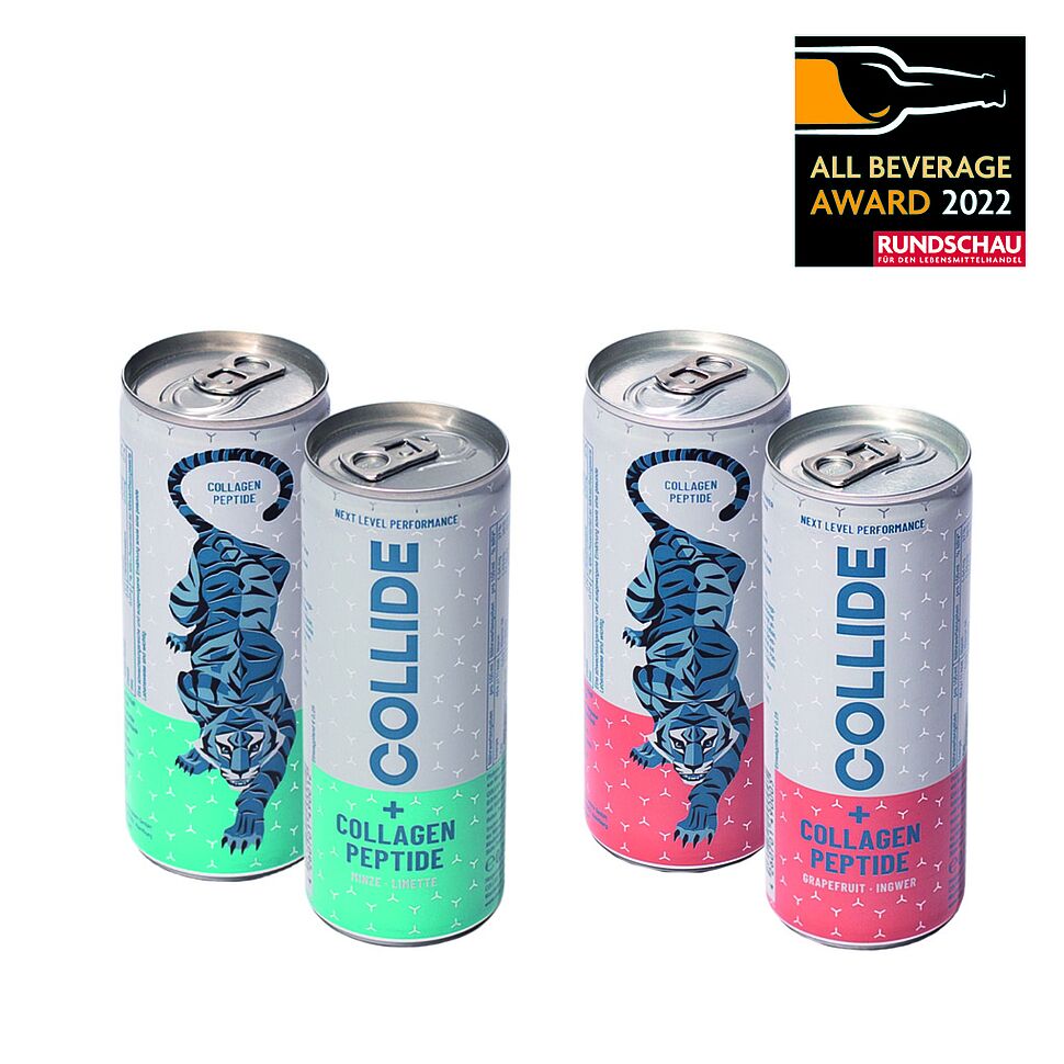 Collide beverages & more, Collide: Prickelnder Performance-Drink der nächsten Generation. Wichtigste Zutat ist Kollagen, alle Sorten sind zuckerfrei, reich an Protein und haben nur 11 kcal/100 ml. 