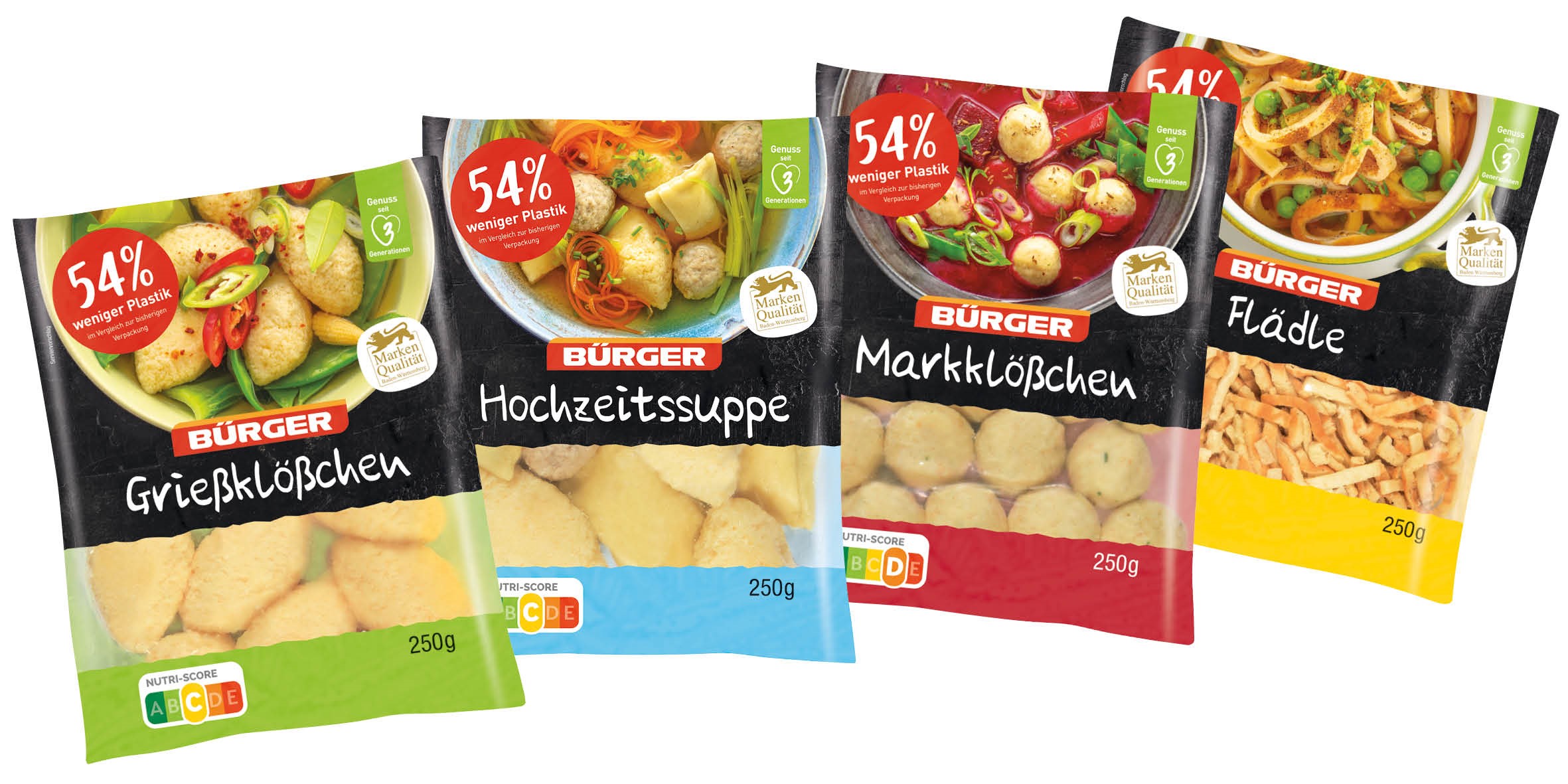BÜRGER-Suppeneinlagen-Sortiment: „Flädle“, „Markklößchen“, „Grießklößchen“ und „Hochzeitssuppe“